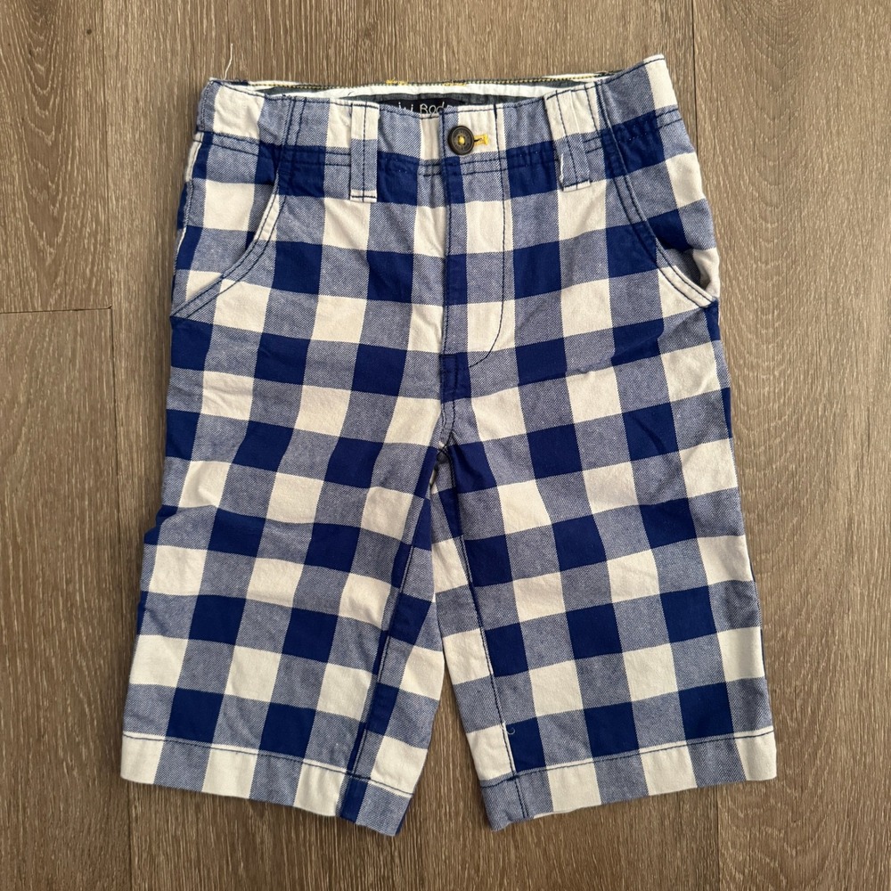 Mini Boden Boys Blue White Gingham Check Shorts Size 8Y Cotton Adjustable Waist